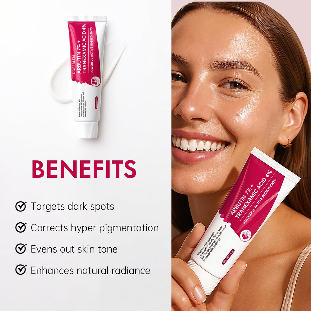 Roseblem ingredient label closeup highlighting arbutin and tranexamic acid benefits