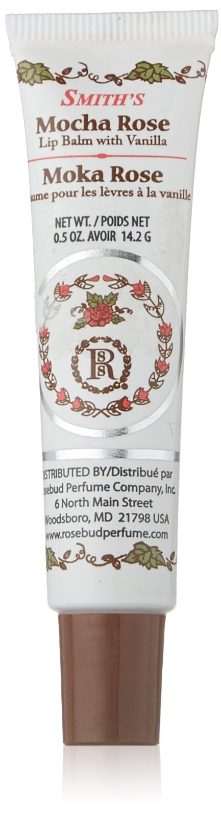 Rosebud Perfume Mocha Rose tube front view showing compact travel-friendly packaging and scent