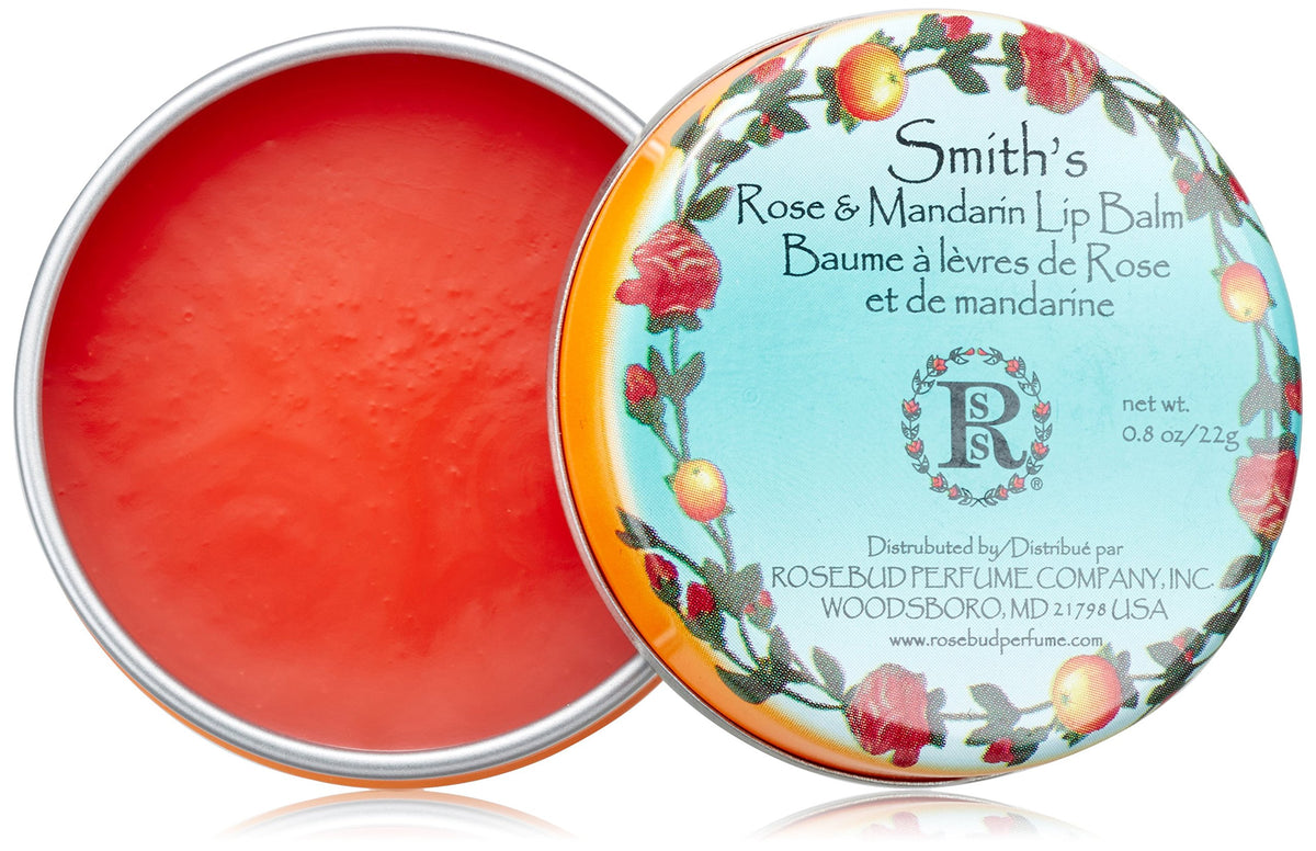 Rosebud Perfume front tin showing rose and mandarin label and portability benefit