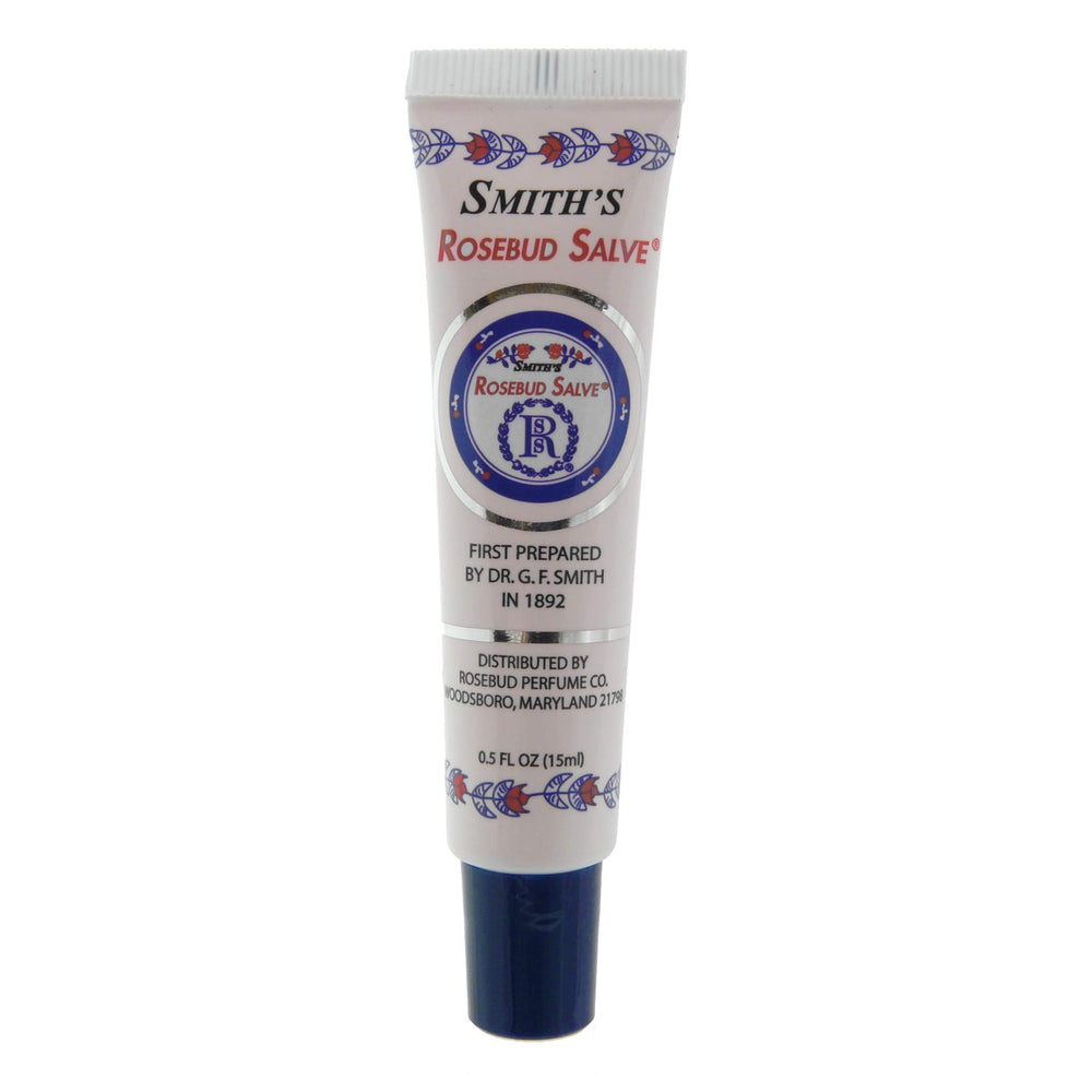 Rosebud Perfume rosebud salve tube front view shows compact travel-ready balm