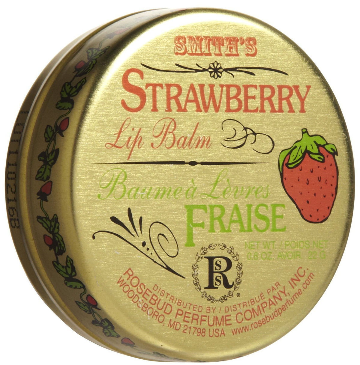 Rosebud Perfume strawberry tin front view showing design and portable protection