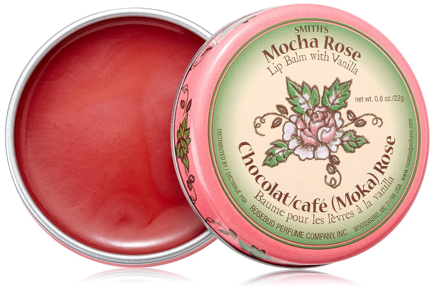 ROSEBUD SALVE front tin view showing mocha rose label and travel ready benefit