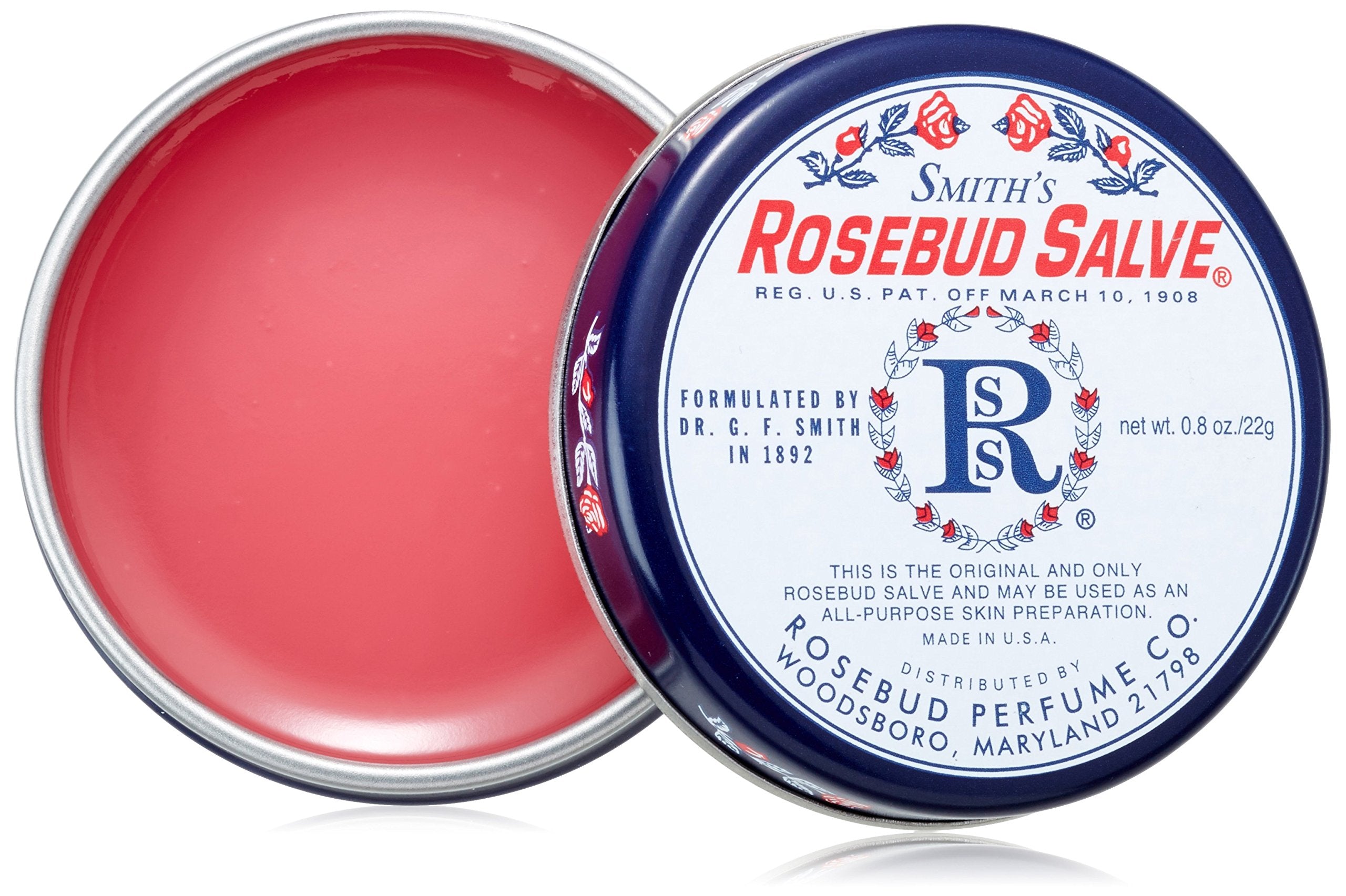 ROSEBUD SALVE tin front view showing brand and compact size for convenient moisture