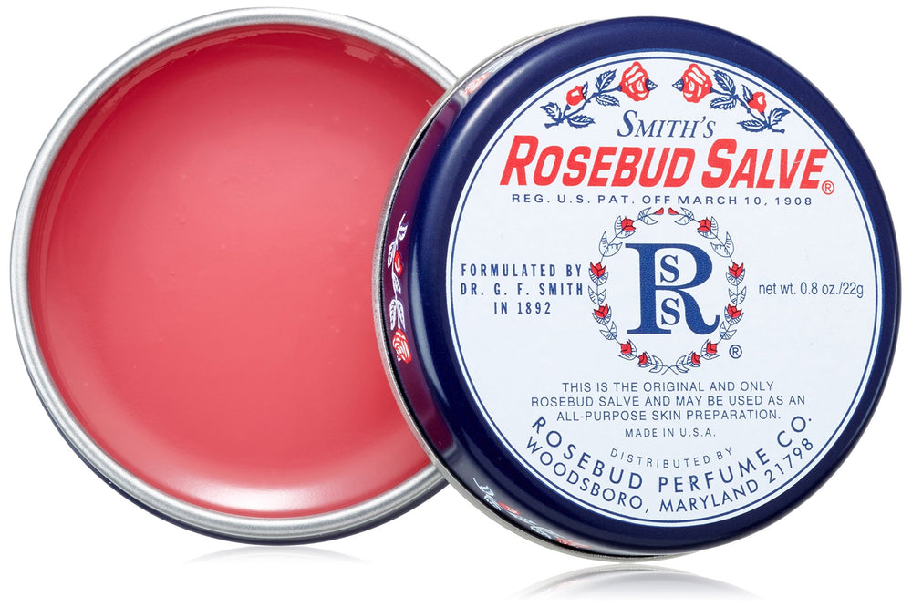 ROSEBUD SALVE tin front view showing brand and compact size for convenient moisture