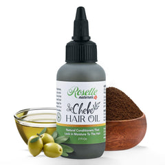 Roselle Naturals chebe oil front bottle showing label and travel-friendly size benefit