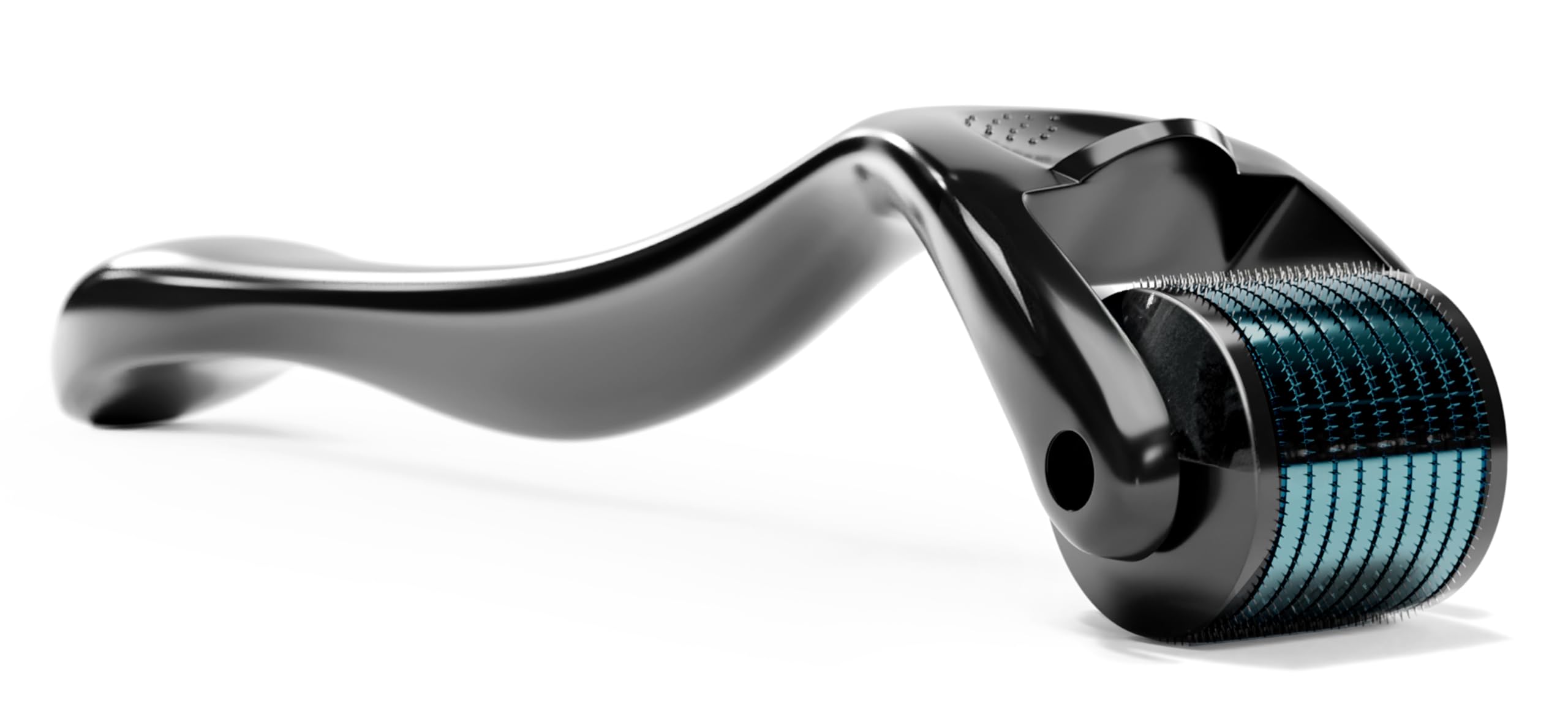 ROSELYNBOUTIQUE derma roller front view showing compact black-blue finish and ergonomic shape for easy handling