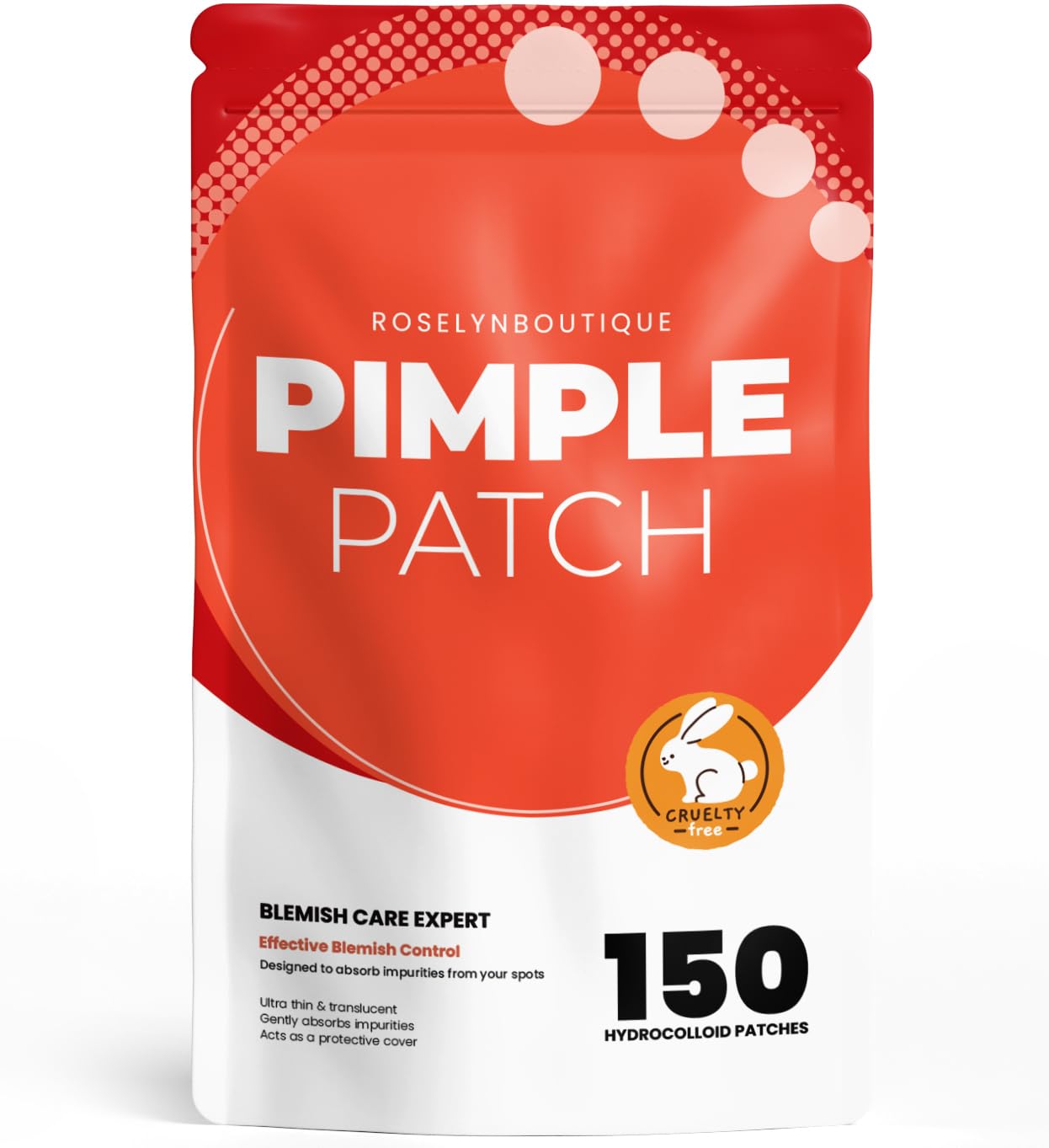 ROSELYNBOUTIQUE front packaging showing 150-count vegan patches for convenient use