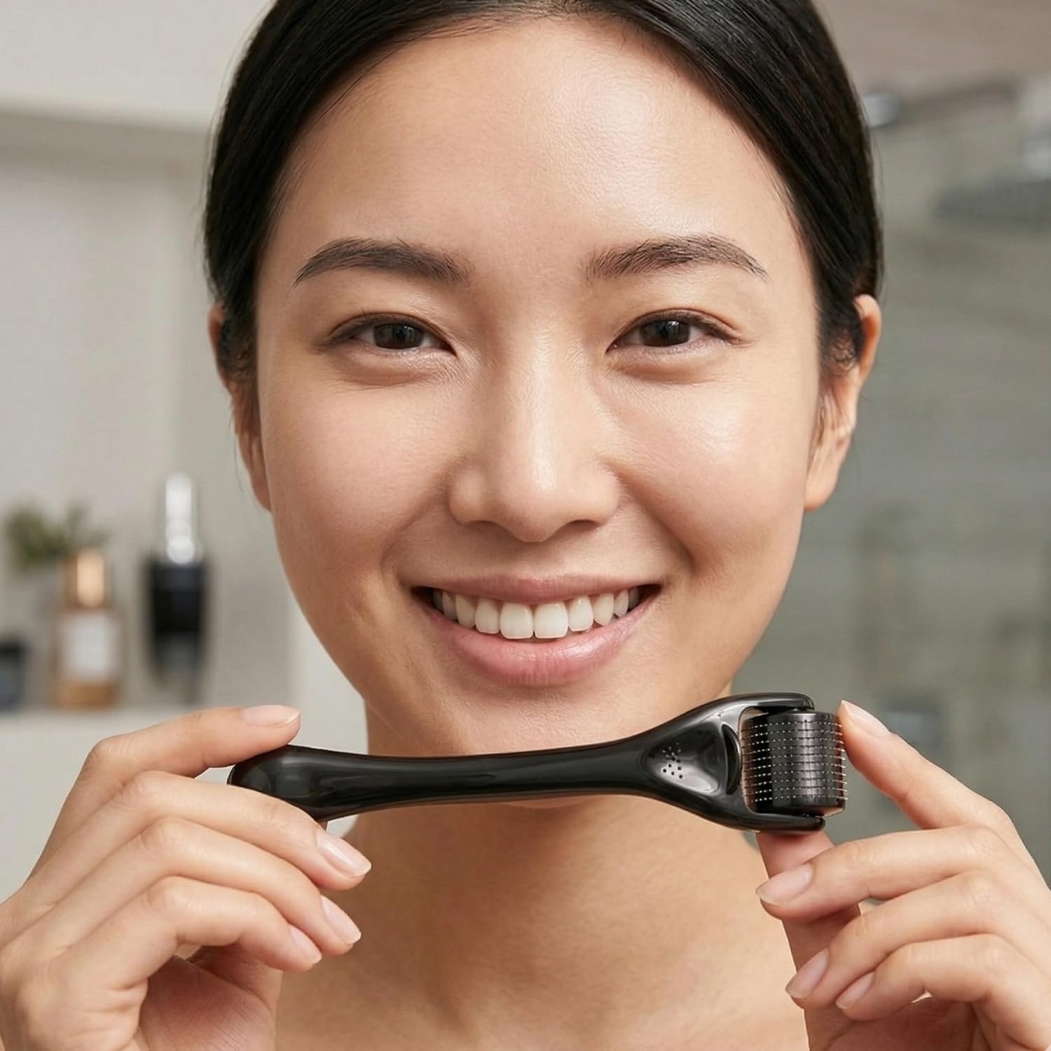 ROSELYNBOUTIQUE derma roller held in hand demonstrating ergonomic anti-slip control
