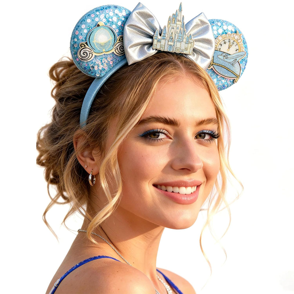 Rostonyra blue headband front view showing sequins and castle bow for standout style