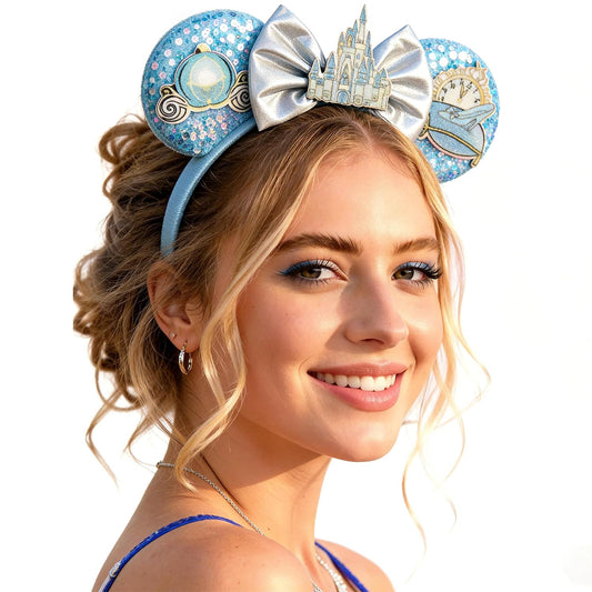 Rostonyra blue headband front view showing sequins and castle bow for standout style