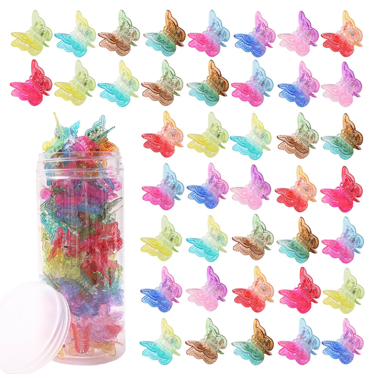 Rosvia front packaging showing 54 mini butterfly clips and clear box, bright assortment benefit