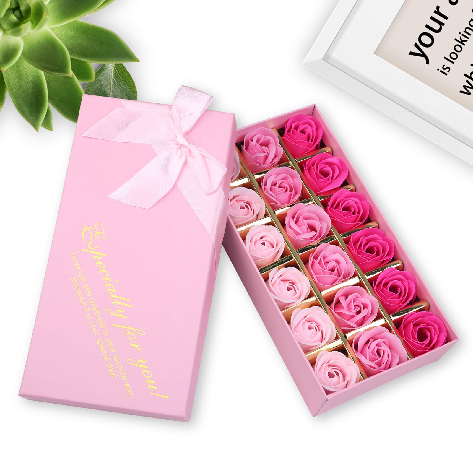 Rotumaty gift box open with eighteen rose soaps, ideal thoughtful present