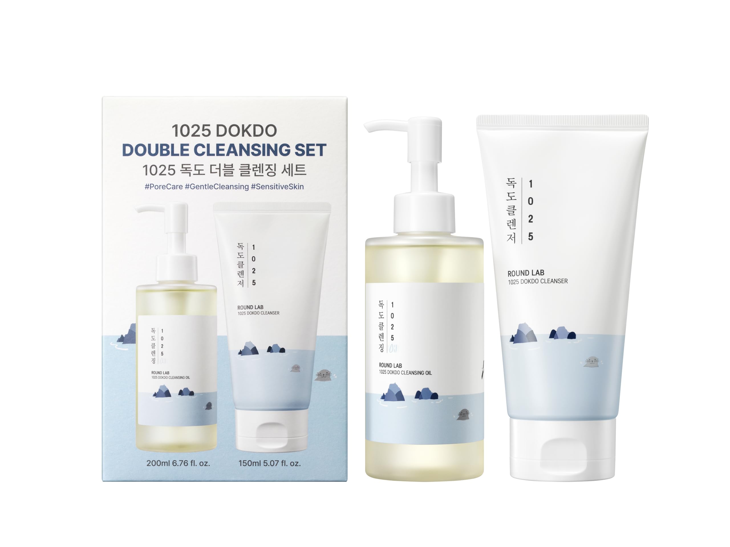 ROUND LAB duo front packaging showing both cleanser bottles and benefits