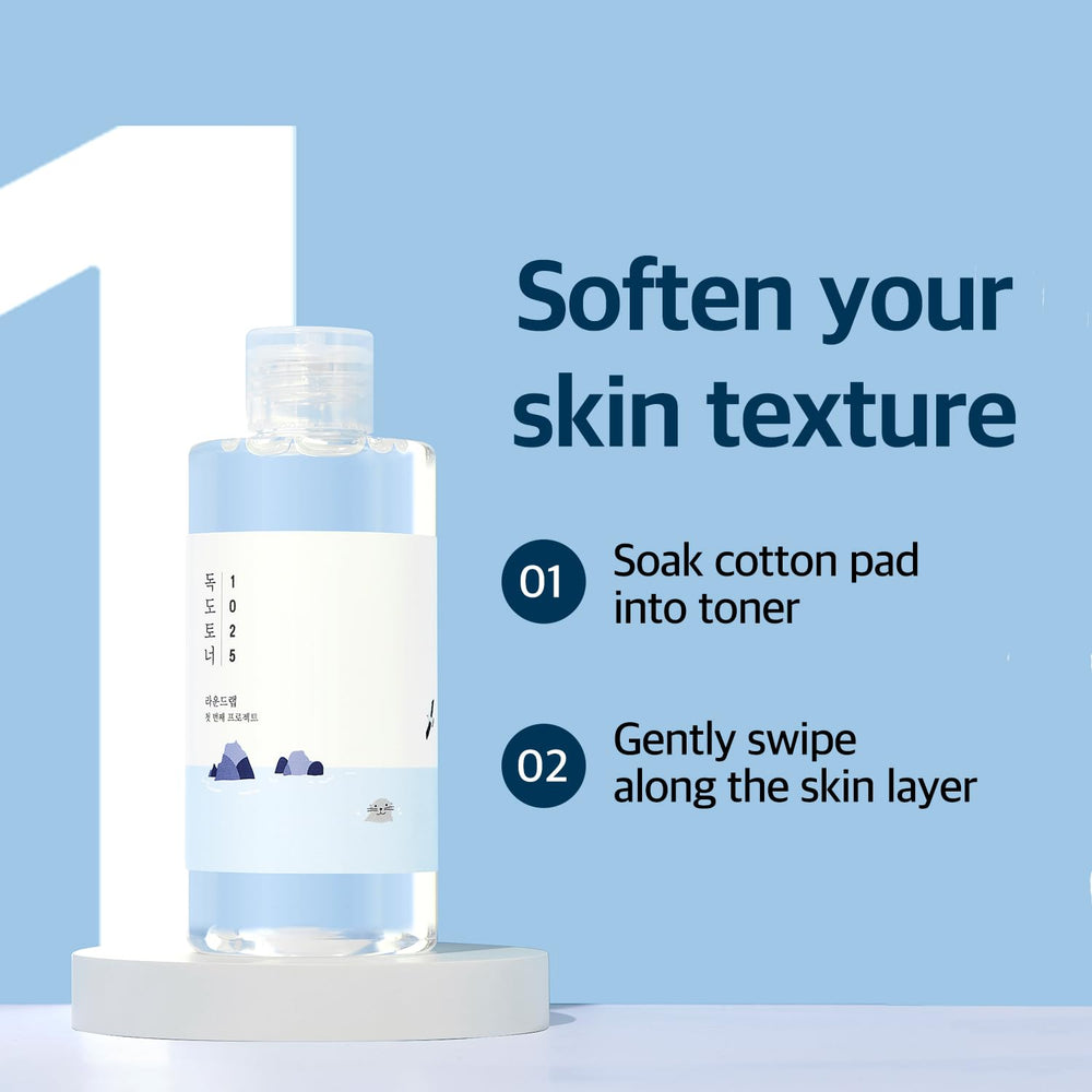ROUND LAB Dokdo toner close-up droplets emphasizing mineral hydration boost