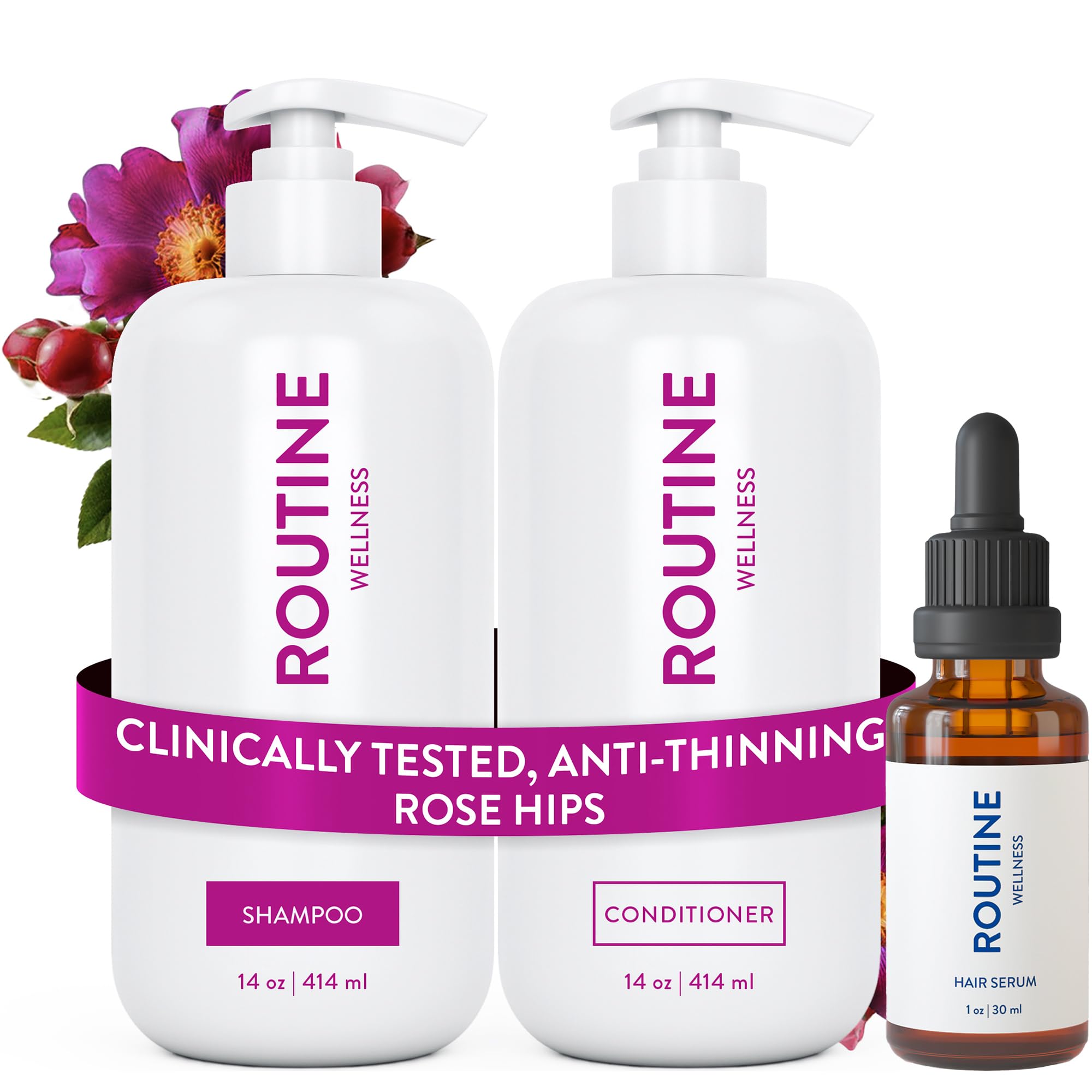 Routine Wellness front packaging showing rose hips set and fuller hair benefit