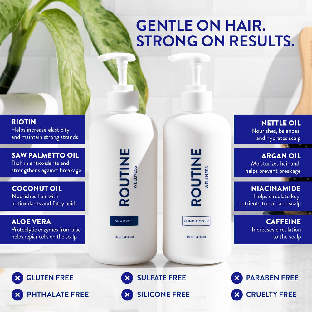 Routine Wellness rich lather on hair strand demonstrating gentle, volumizing cleanse