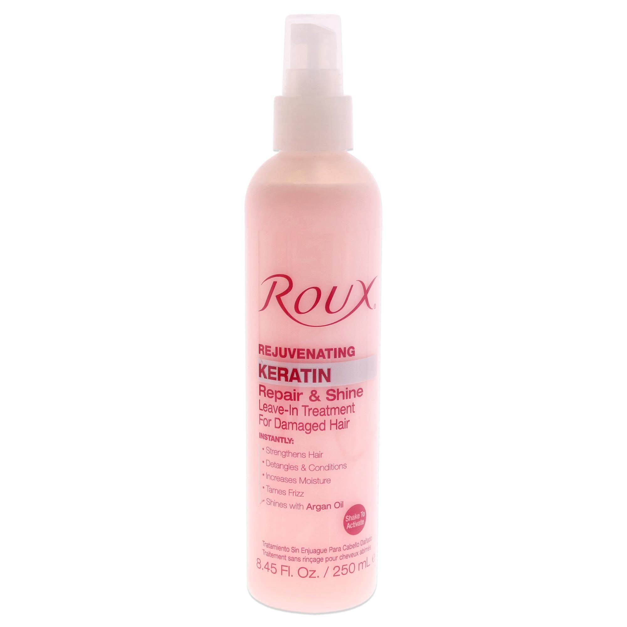 Roux bottle front view showing label and benefits for shiny hair