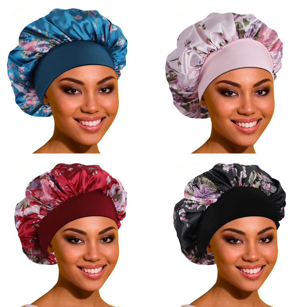ROYBENS front view of 4-pack satin bonnets showing colors and packaging benefit protection