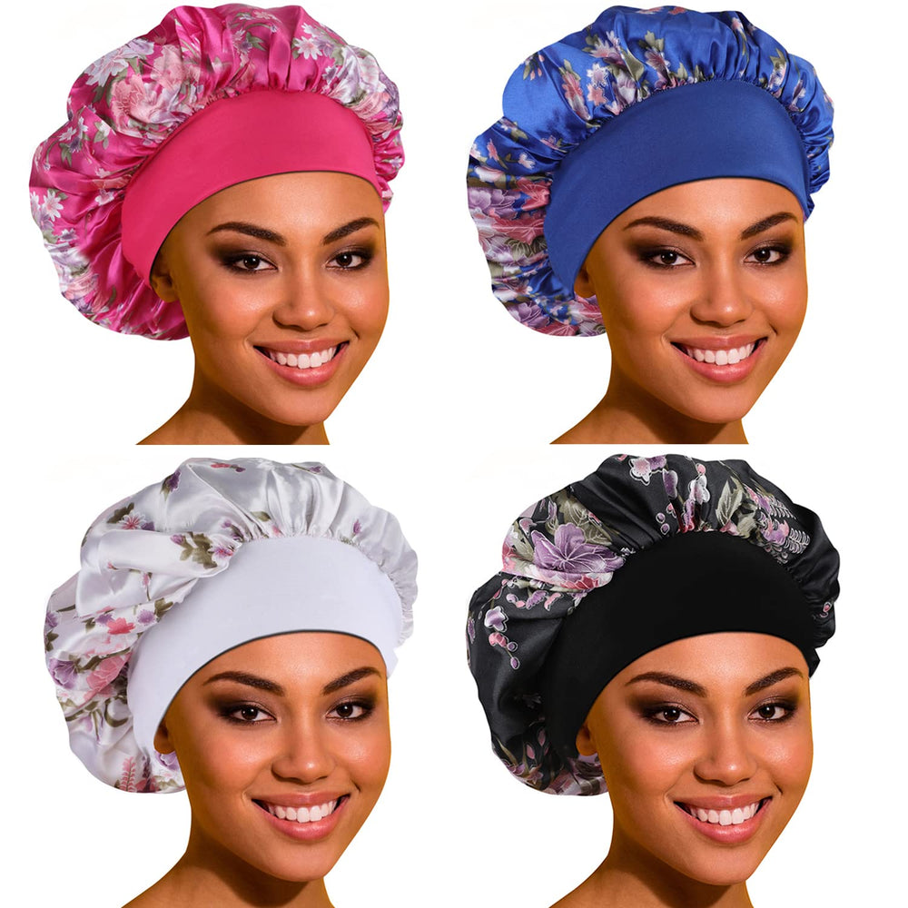ROYBENS front view of four satin bonnets showing colors and packaging, protecting hair