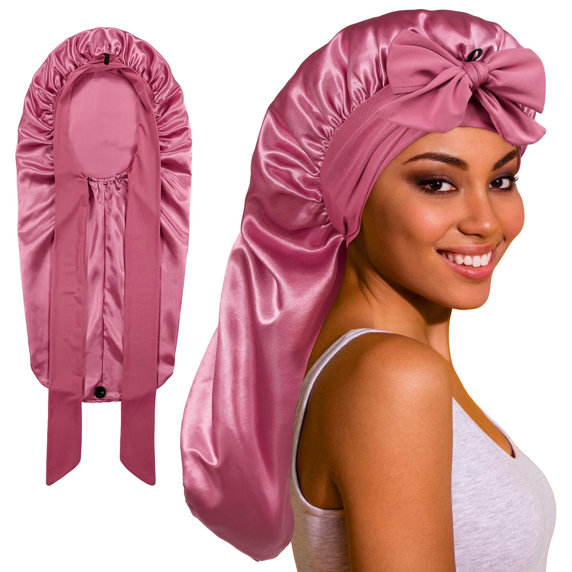 ROYBENS front view long satin bonnet showing sleek coverage and protective design