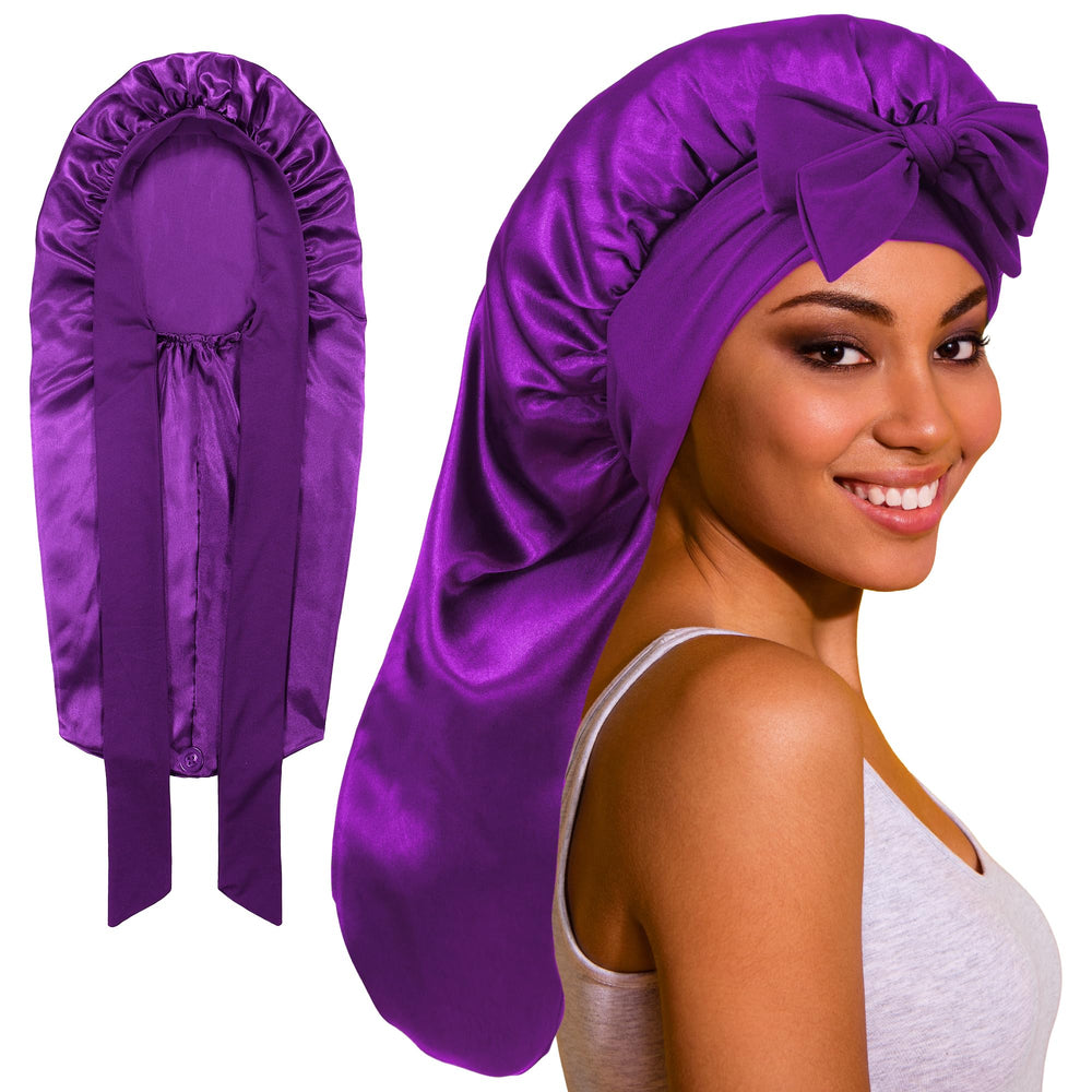 ROYBENS front view long satin bonnet showing roomy fit and protection