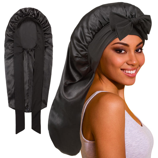 ROYBENS front view long satin bonnet showing roomy fit and protection