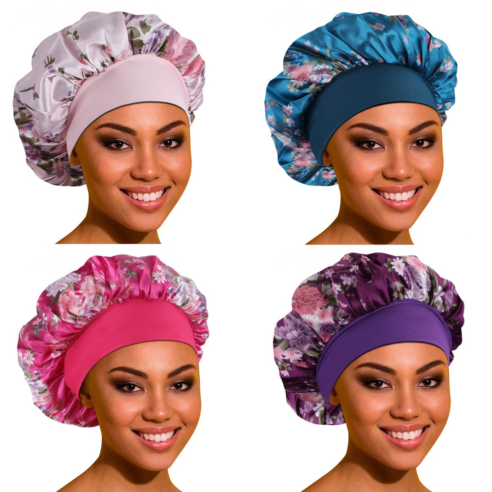 ROYBENS front view of 4-pack bonnets showing colors and packaging, protects hair overnight