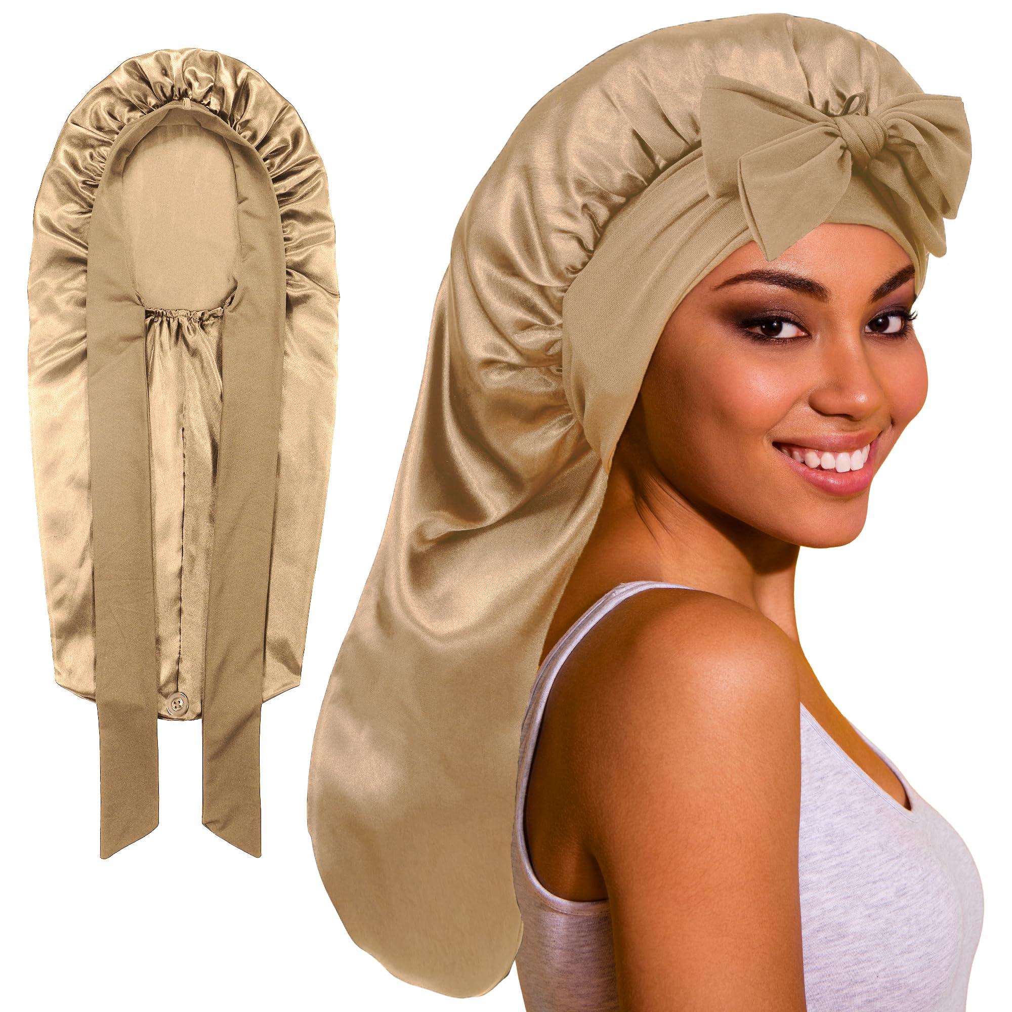 ROYBENS front view of long satin bonnet showing roomy fit and secure band benefit