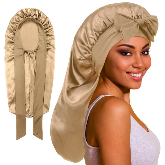 ROYBENS front view of long satin bonnet showing roomy fit and secure band benefit