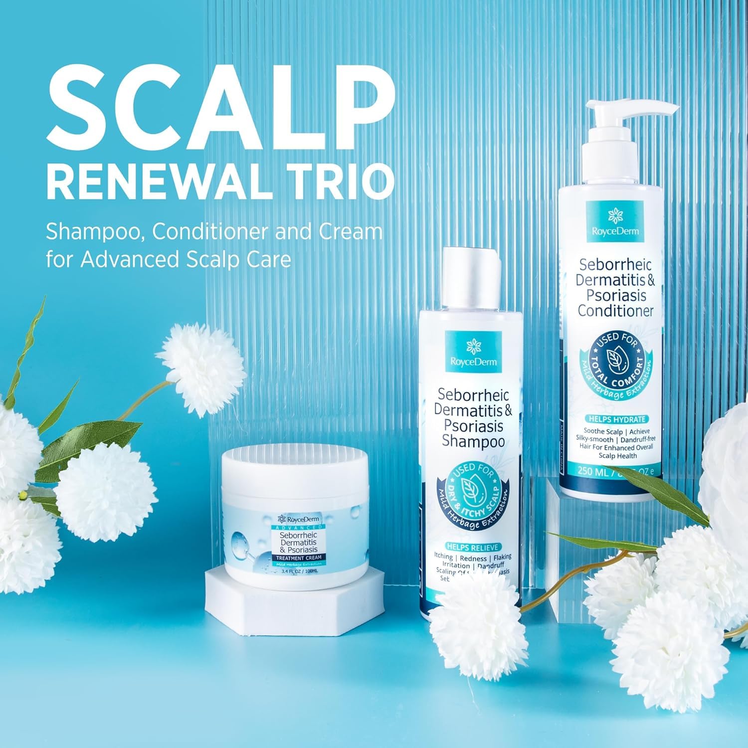 Roycederm set arranged on bathroom shelf demonstrating everyday use benefit