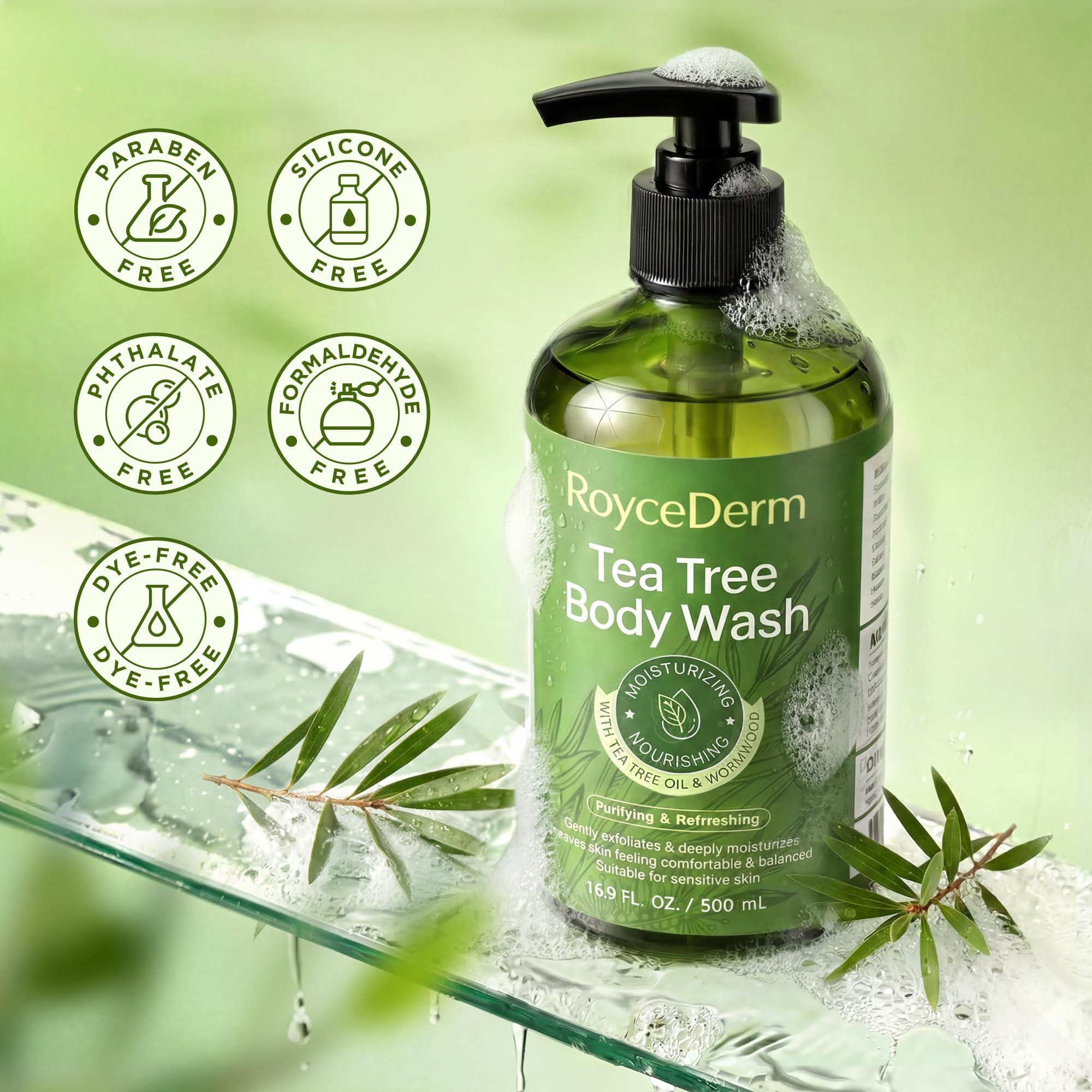 Roycederm with tea tree and wormwood botanicals showing natural extracts
