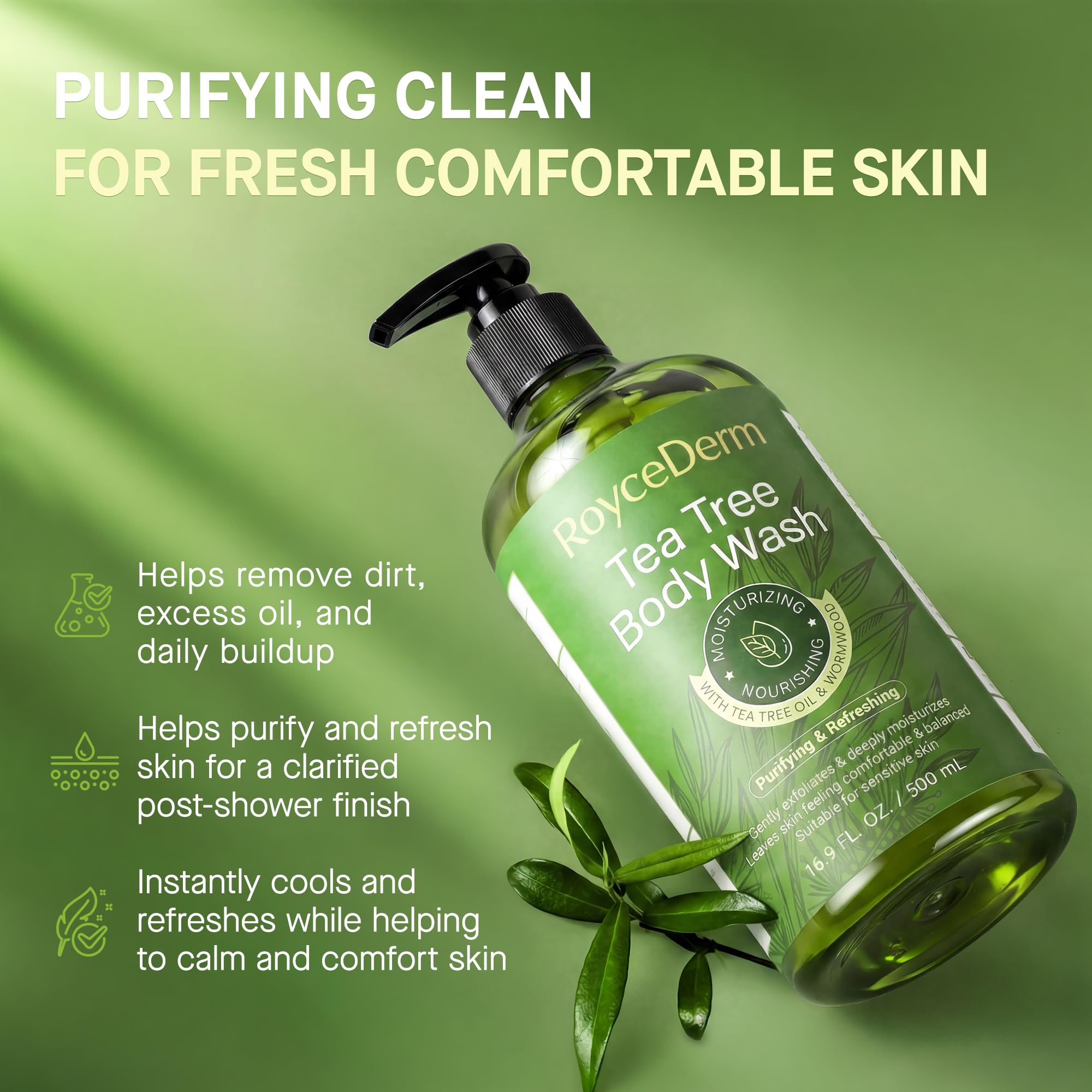 Roycederm label close-up highlighting tea tree and wormwood ingredients