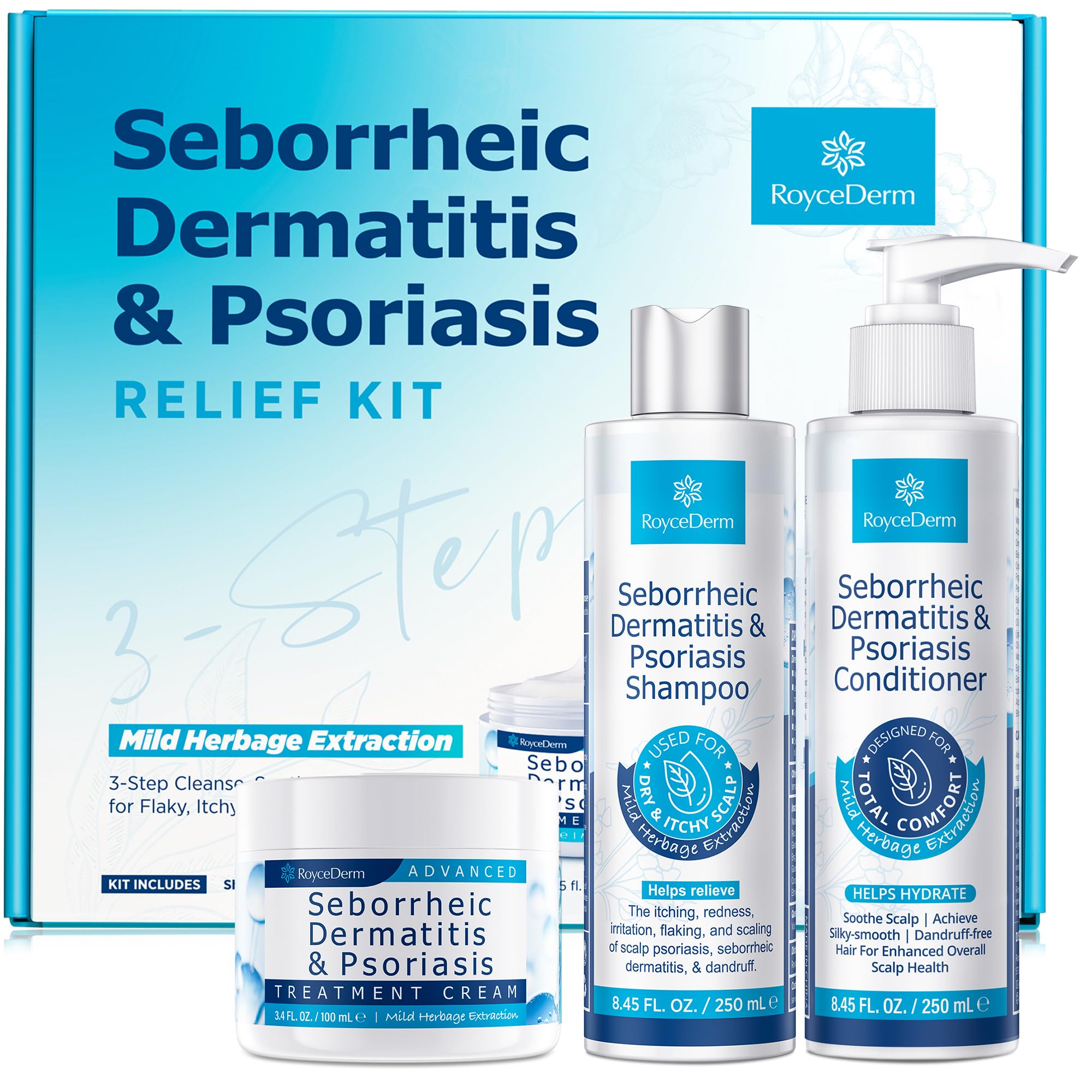 Roycederm front packaging of cream shampoo conditioner set showing a complete routine and easy storage