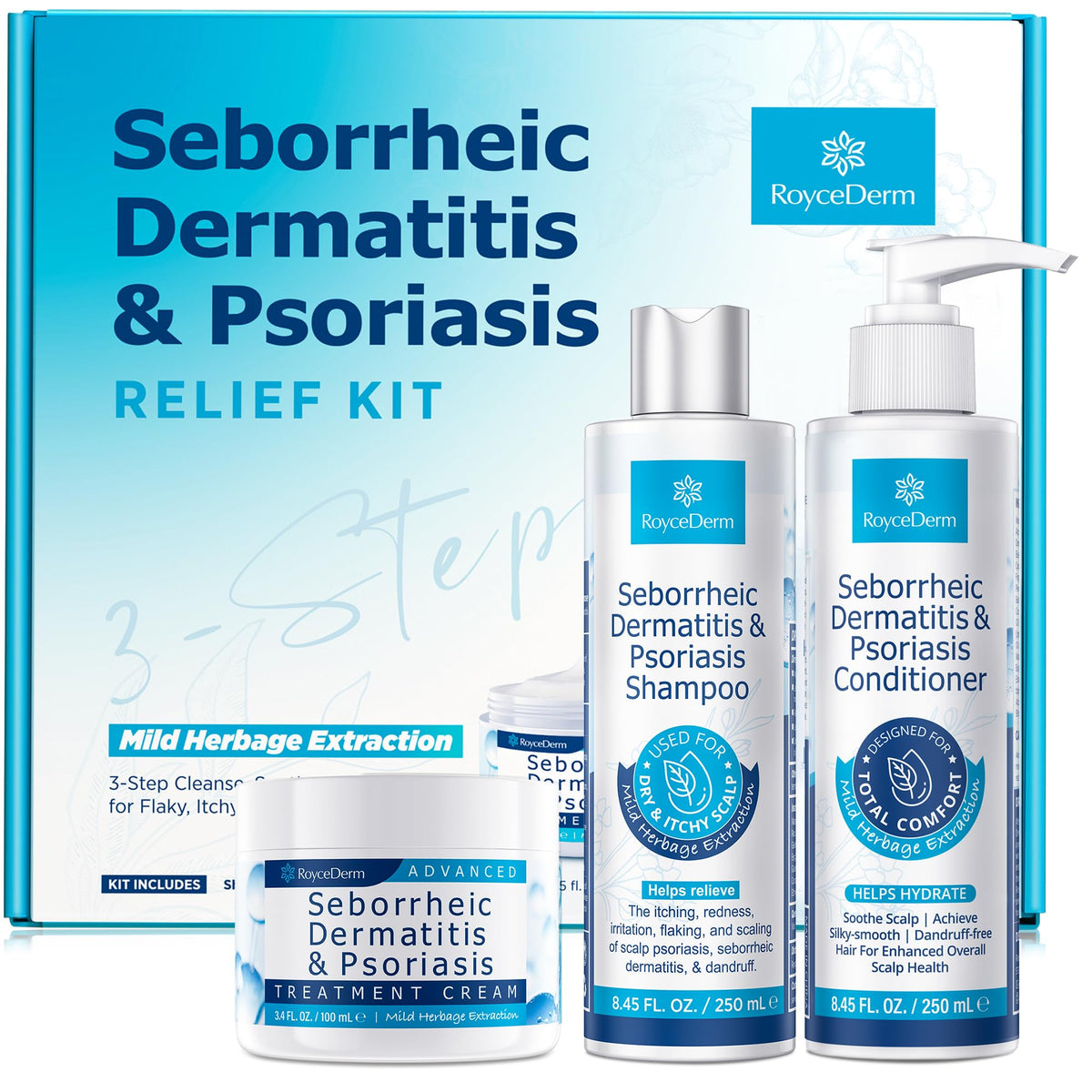 Roycederm front packaging of cream shampoo conditioner set showing a complete routine and easy storage