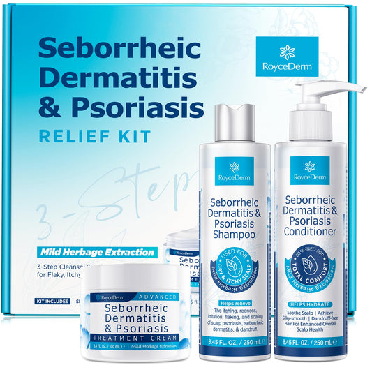 Roycederm front packaging of cream shampoo conditioner set showing a complete routine and easy storage