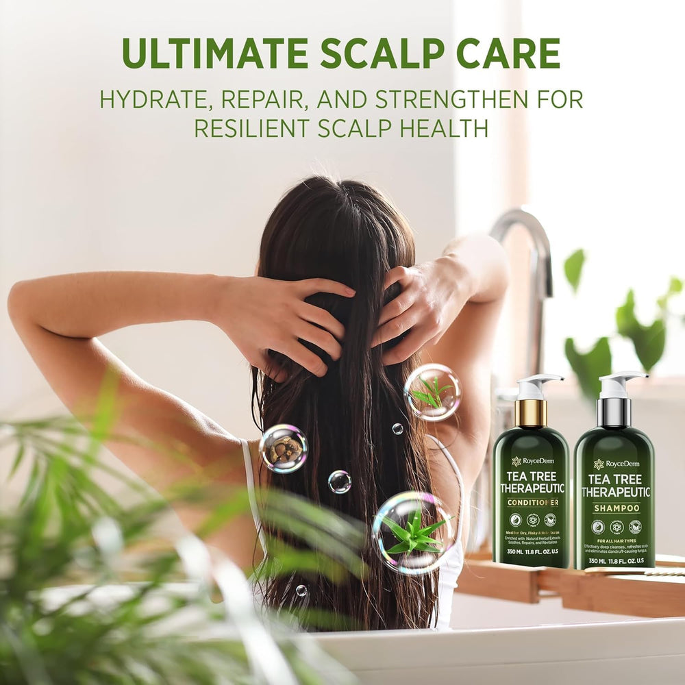 Roycederm shampoo and conditioner staged in shower for routine use