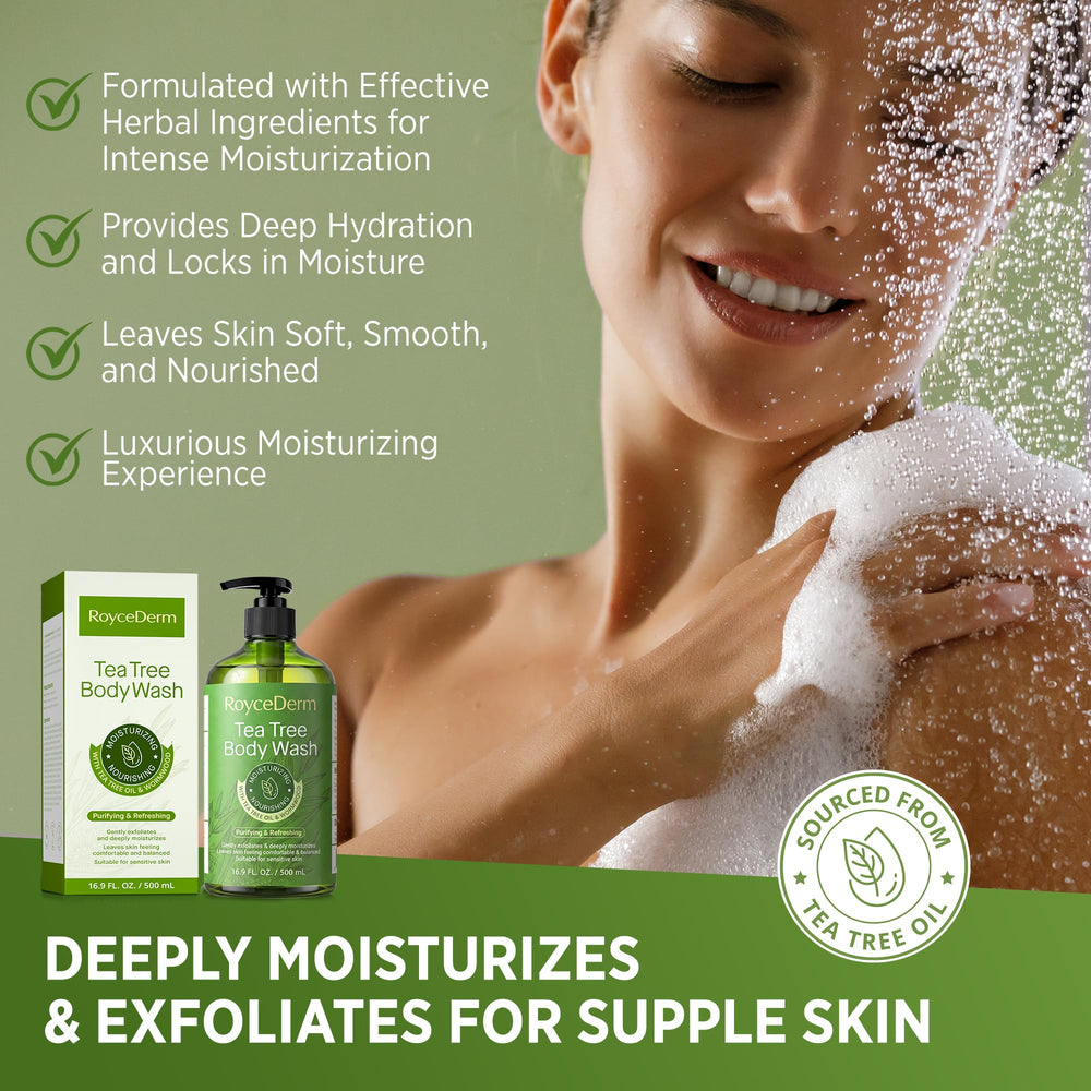 Roycederm body wash being poured into hand for easy application
