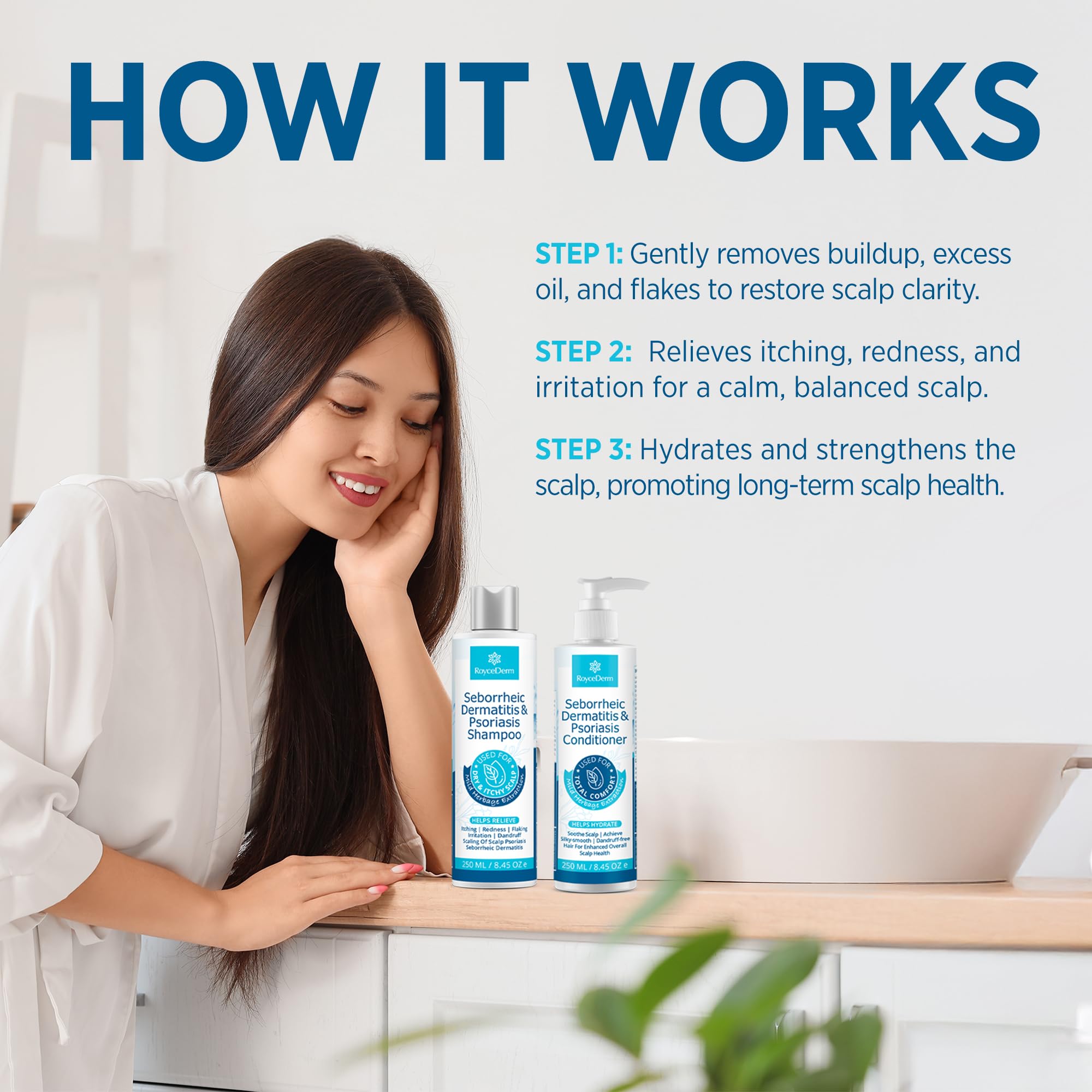 Roycederm bottles held in hand to show true size and travel convenience