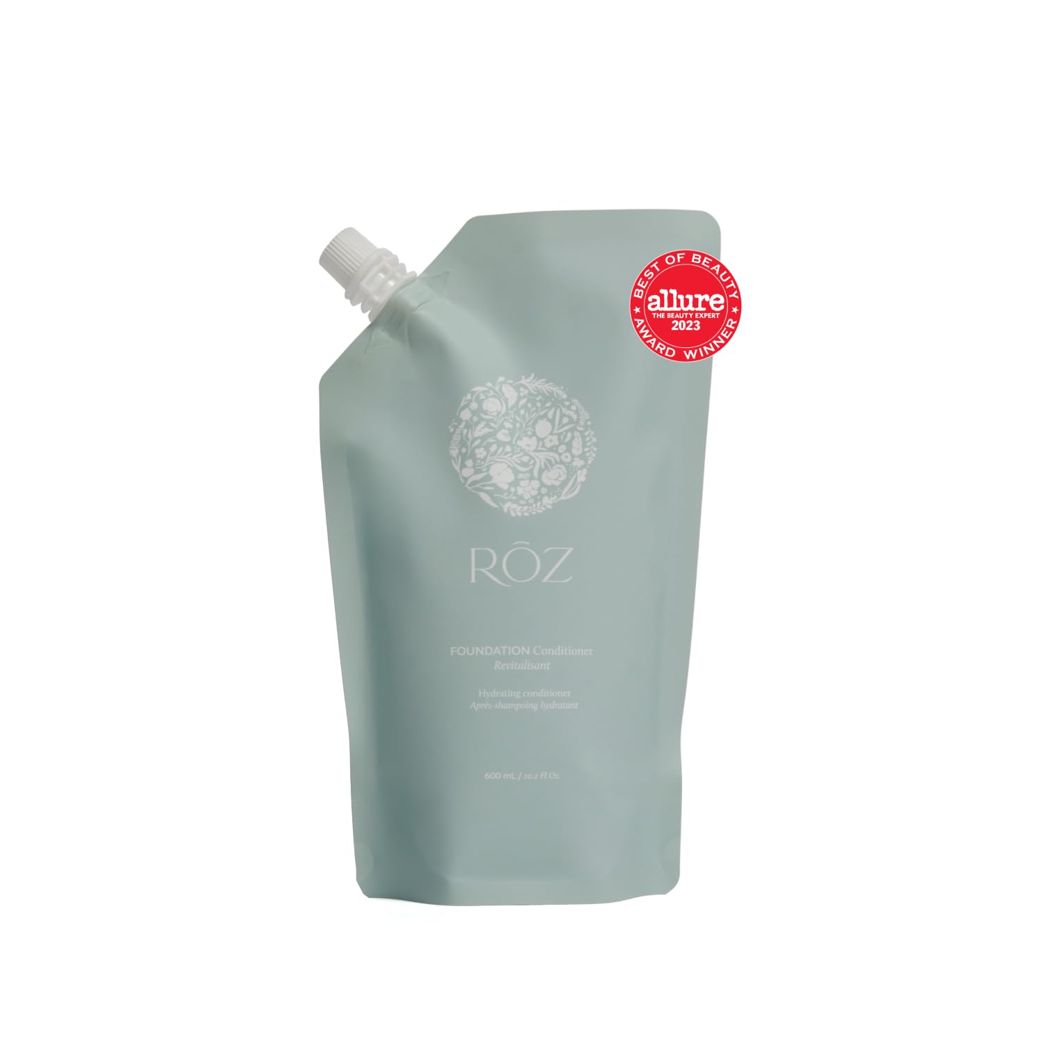 RŌZ refill pouch front view showing product and sustainable benefit