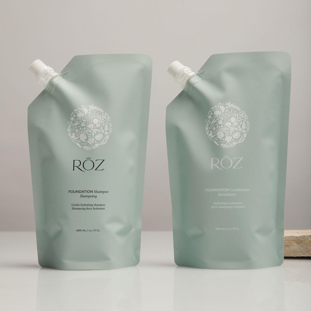 RŌZ pouch pouring shampoo into aluminum bottle for reuse
