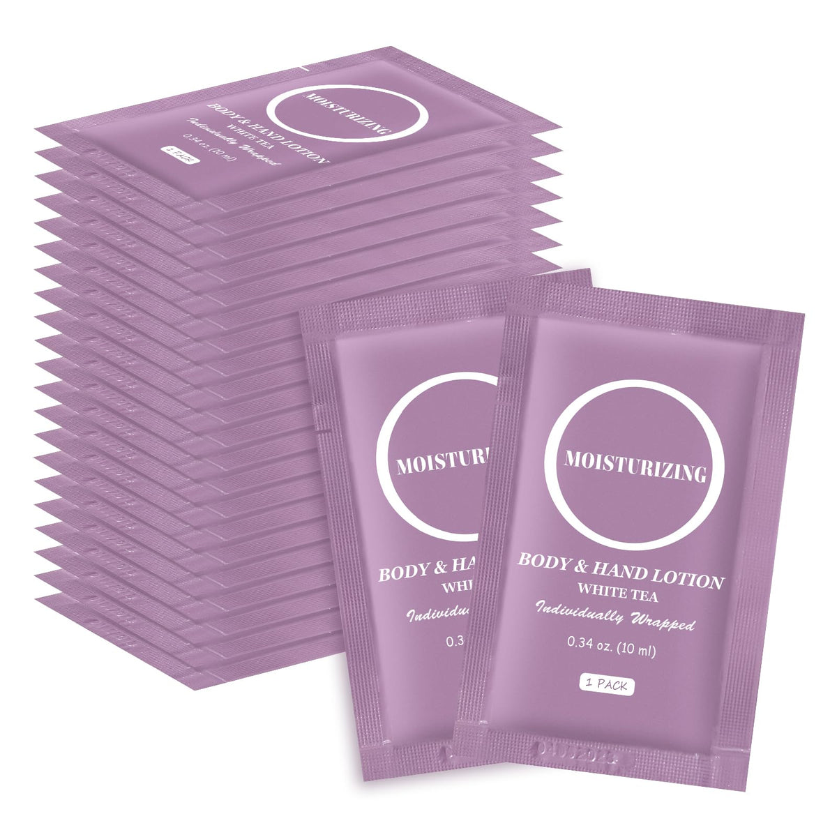 RSQAZQ front view of thirty individually wrapped lotion packets showing portability