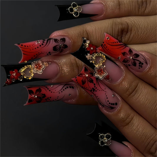 RTKHFZE front packaging showing 24 red French tip nails and pink bases for an instant polished look