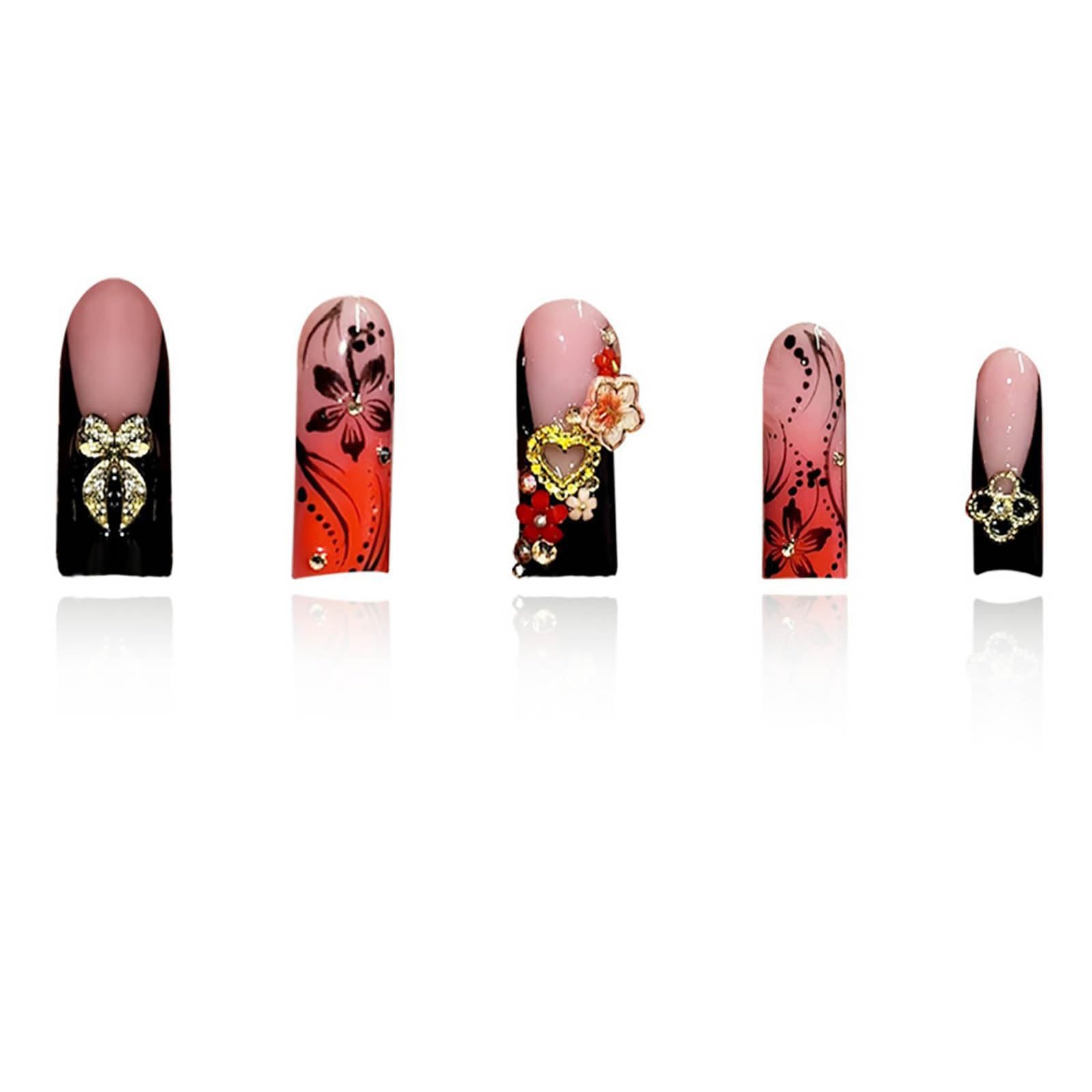RTKHFZE side view of long square-shaped nails demonstrating sturdy acrylic profile and length