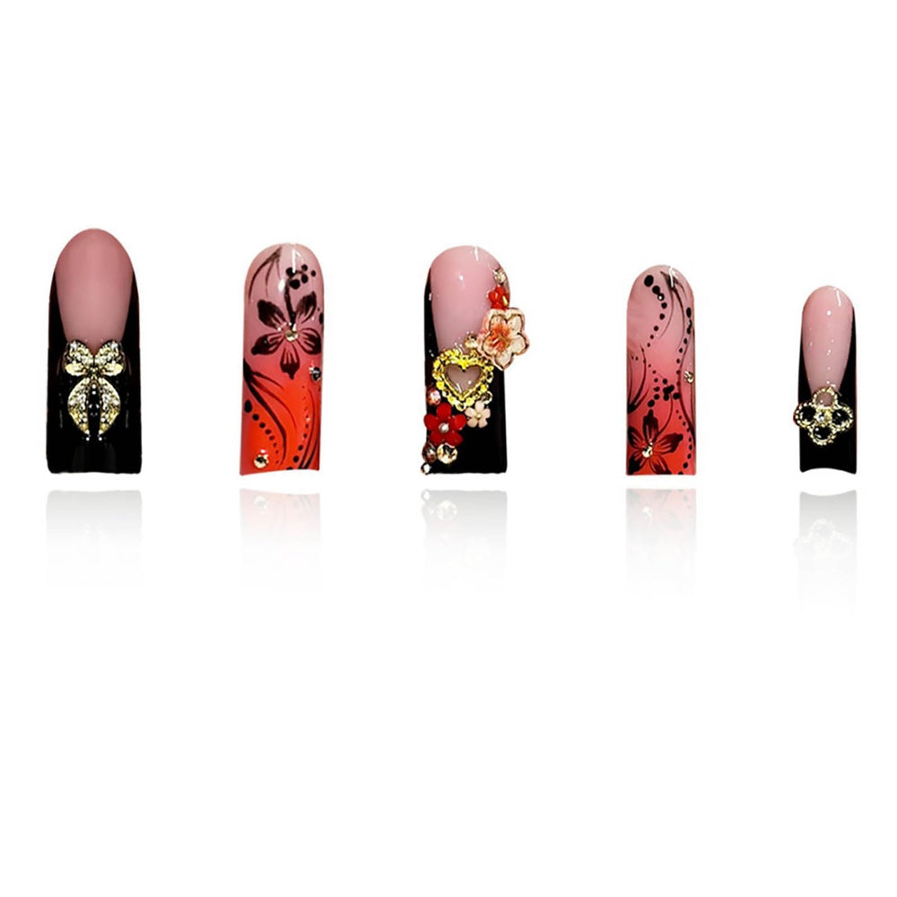 RTKHFZE side view of long square-shaped nails demonstrating sturdy acrylic profile and length