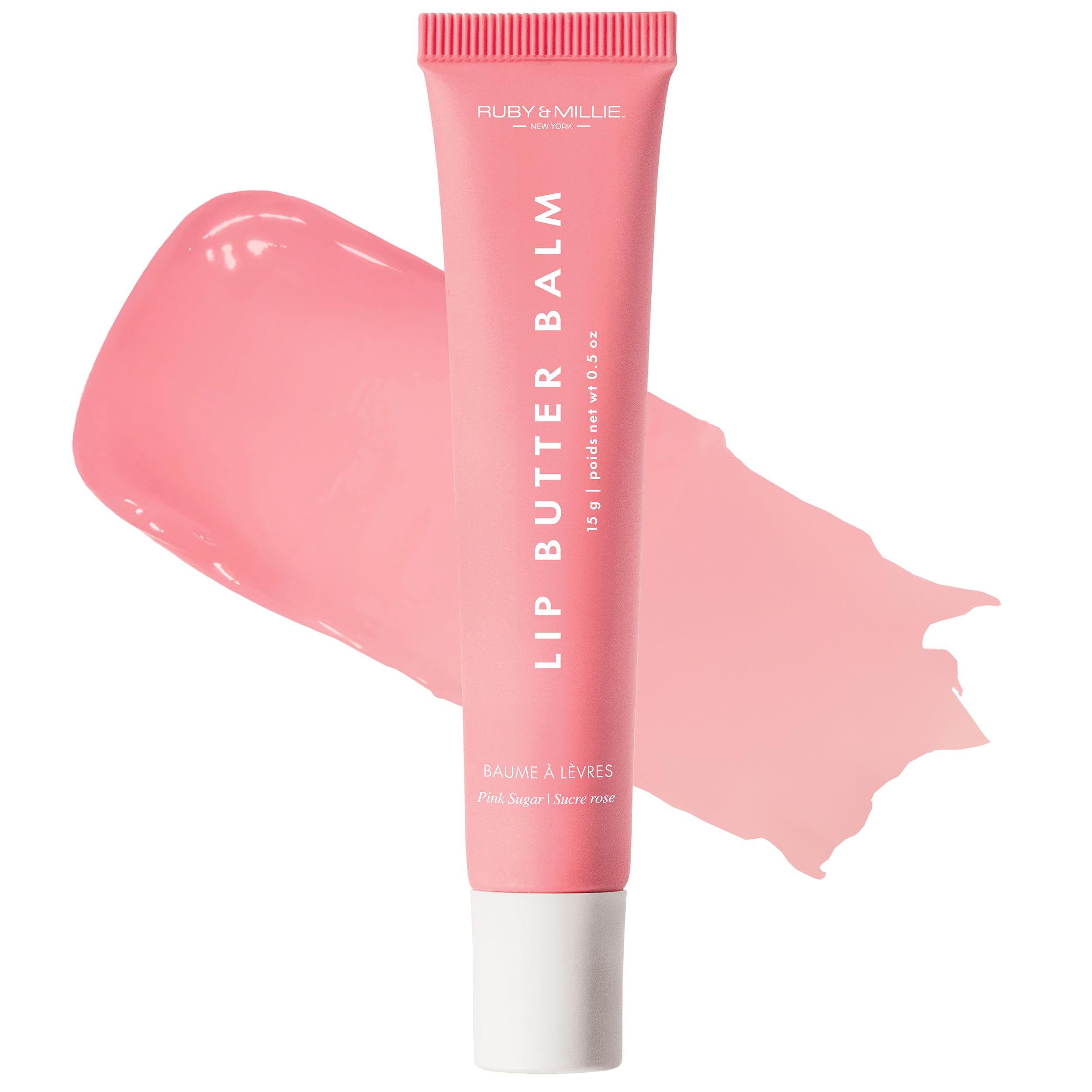 Ruby & Millie front view of pink sugar tinted balm showing packaging and size for convenience