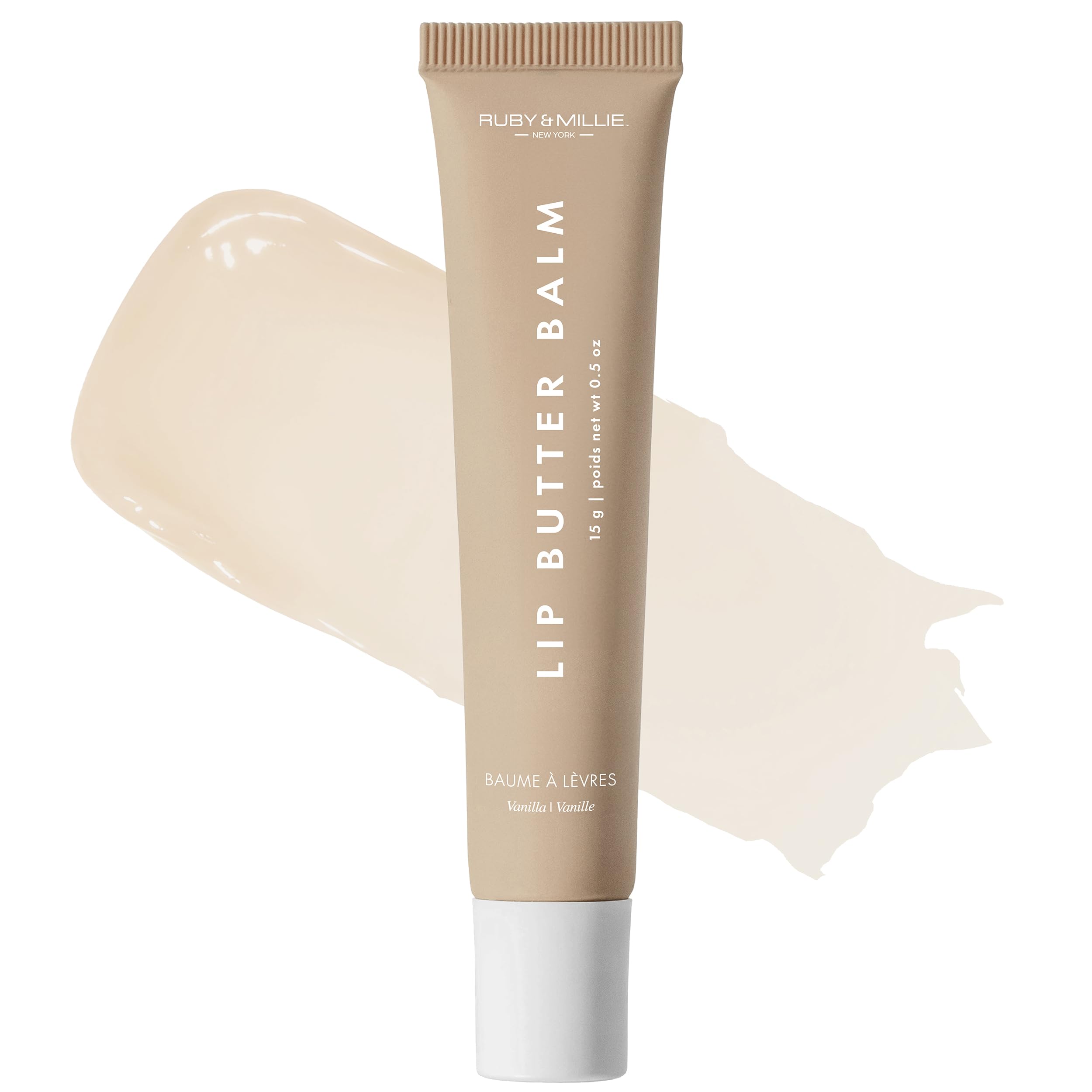 Ruby & Millie front packaging showing vanilla tinted lip balm, easy grab-and-go benefit