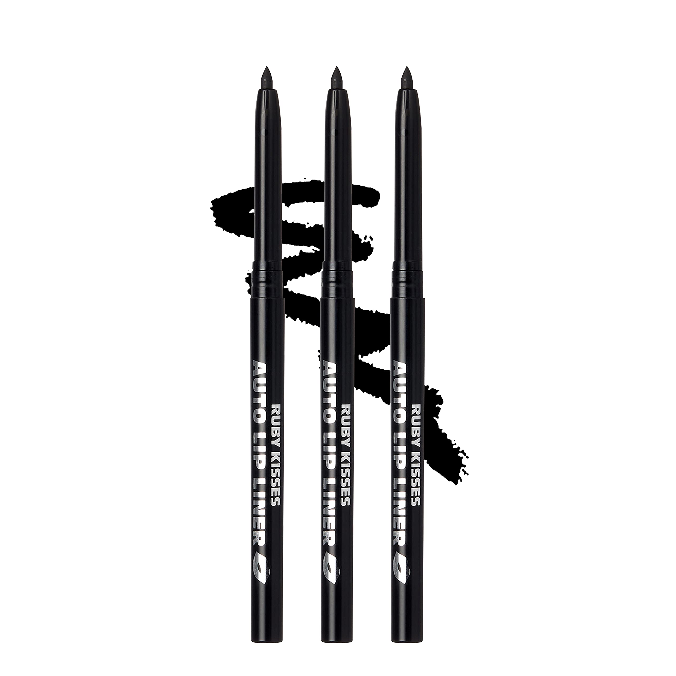 Ruby Kisses front view of black auto lip liner showing packaging and benefit of portability