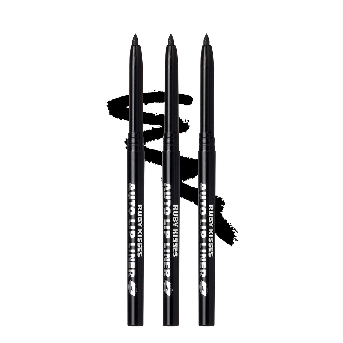Ruby Kisses front view of black auto lip liner showing packaging and benefit of portability