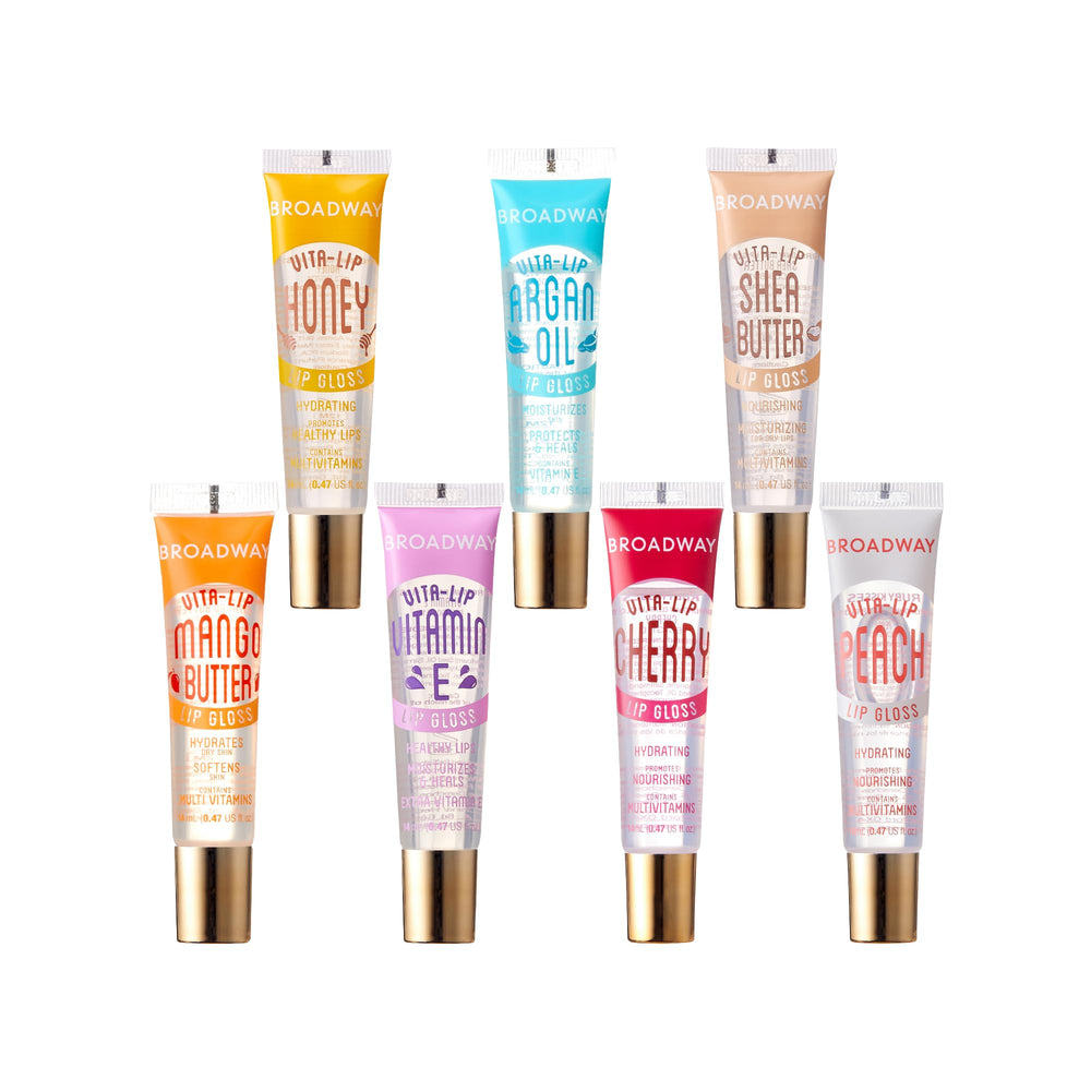 Ruby Kisses front packaging showing seven clear gloss tubes and high-shine benefit