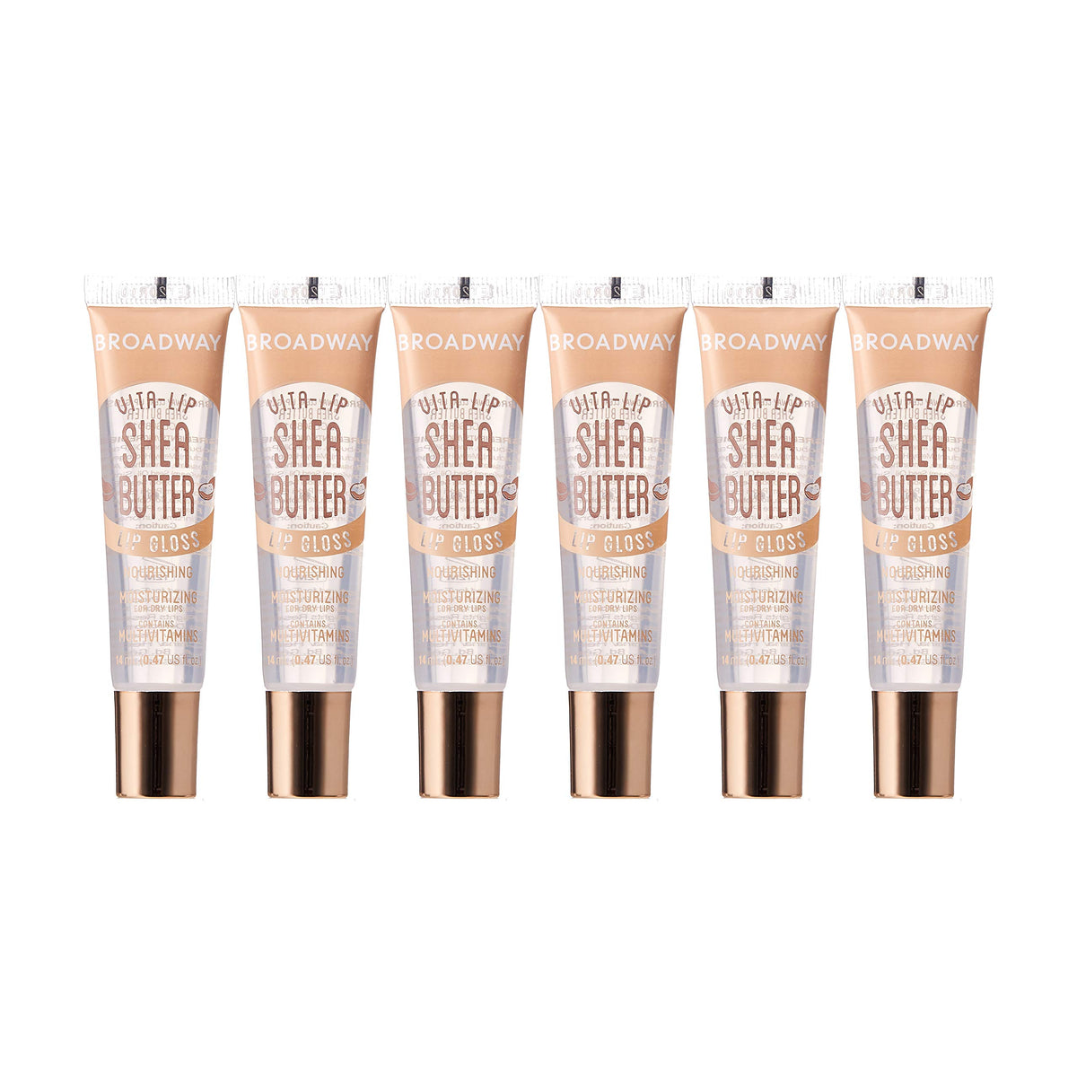 Ruby Kisses front packaging showing six clear gloss tubes for convenience